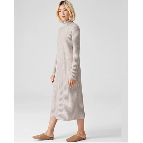 Eileen Fisher Dresses & Skirts - Eileen Fisher Scrunch Neck Dress Women Medium Beige Regenerative Wool NEW Flaw